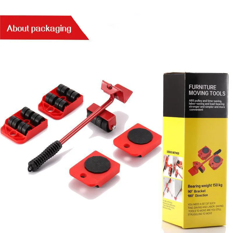 Furniture Mover Tool Set Furniture Transport Lifter Heavy Stuffs Moving Tool 4 Wheeled Mover Roller+1 Wheel Bar Hand Tools Set