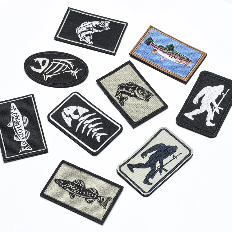 Embroidered patches with hook and loop rectangle shape personalized pattern fish  bone fisherman iron on sew on embroidery patch