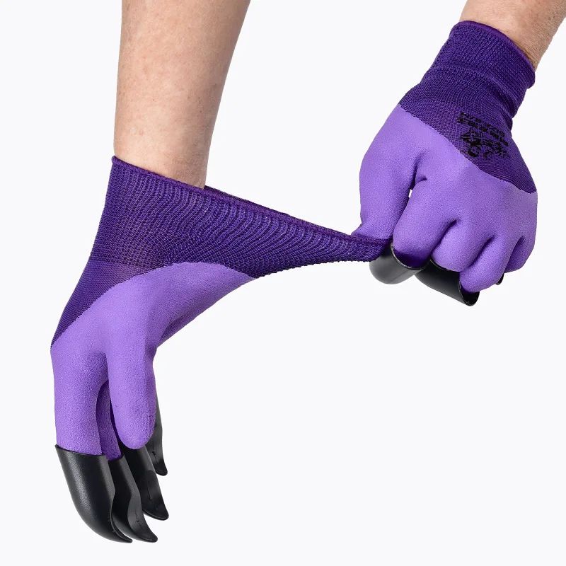 2022 China Manufacturer Purple Latex Coated Digging Work Garden Gloves With Fingertips Claws