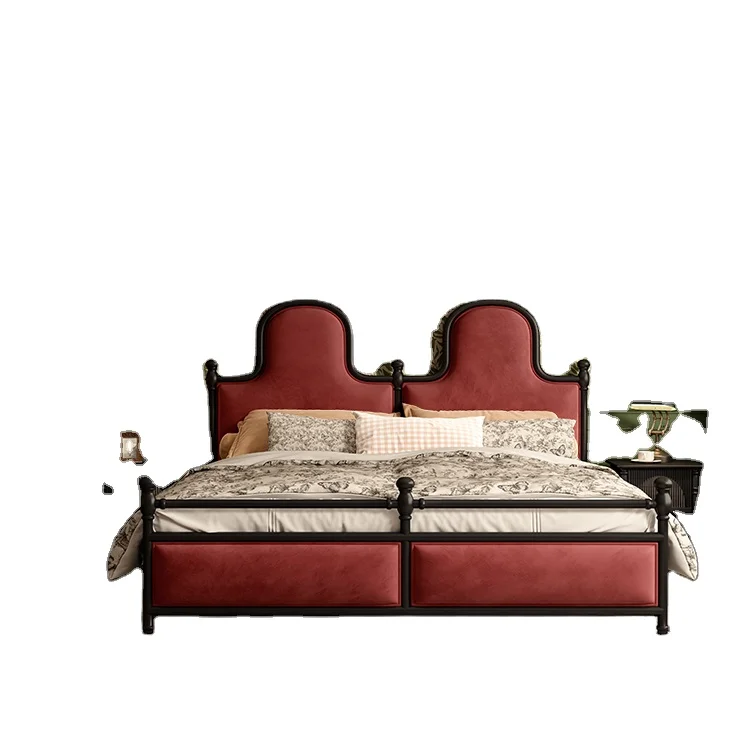 French Vintage High Back Solid Wood Soft Bag Double Bed Villa American Roman Pillar Velvet King Bed