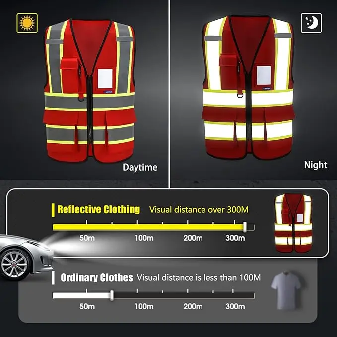 Custom Logo Personalised Printed Reflective Safety Clothing With Pockets Zipper High Visibility Safety Vest for Women Men