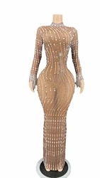 INNOIN Shining Rhinestone Tassel Dance Costume Sexy Women Elastic Mesh Net Perspective Crystal Dress Singer Dancer Stage Wear O