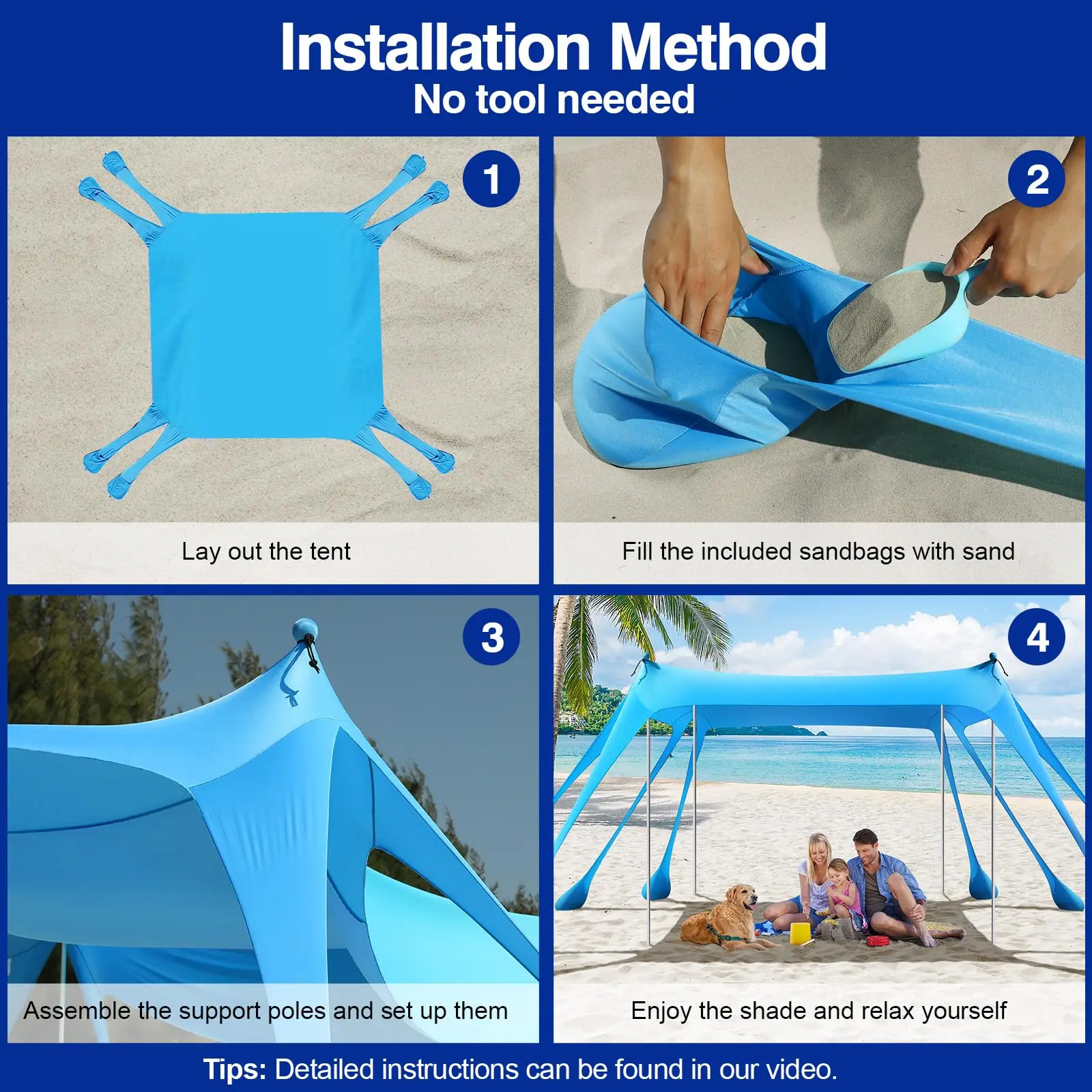 UPF 50+ Beach Canopy Tent Portable Outdoor Sun-Proof Beach Shade Sun Shelter With Sand Shovel
