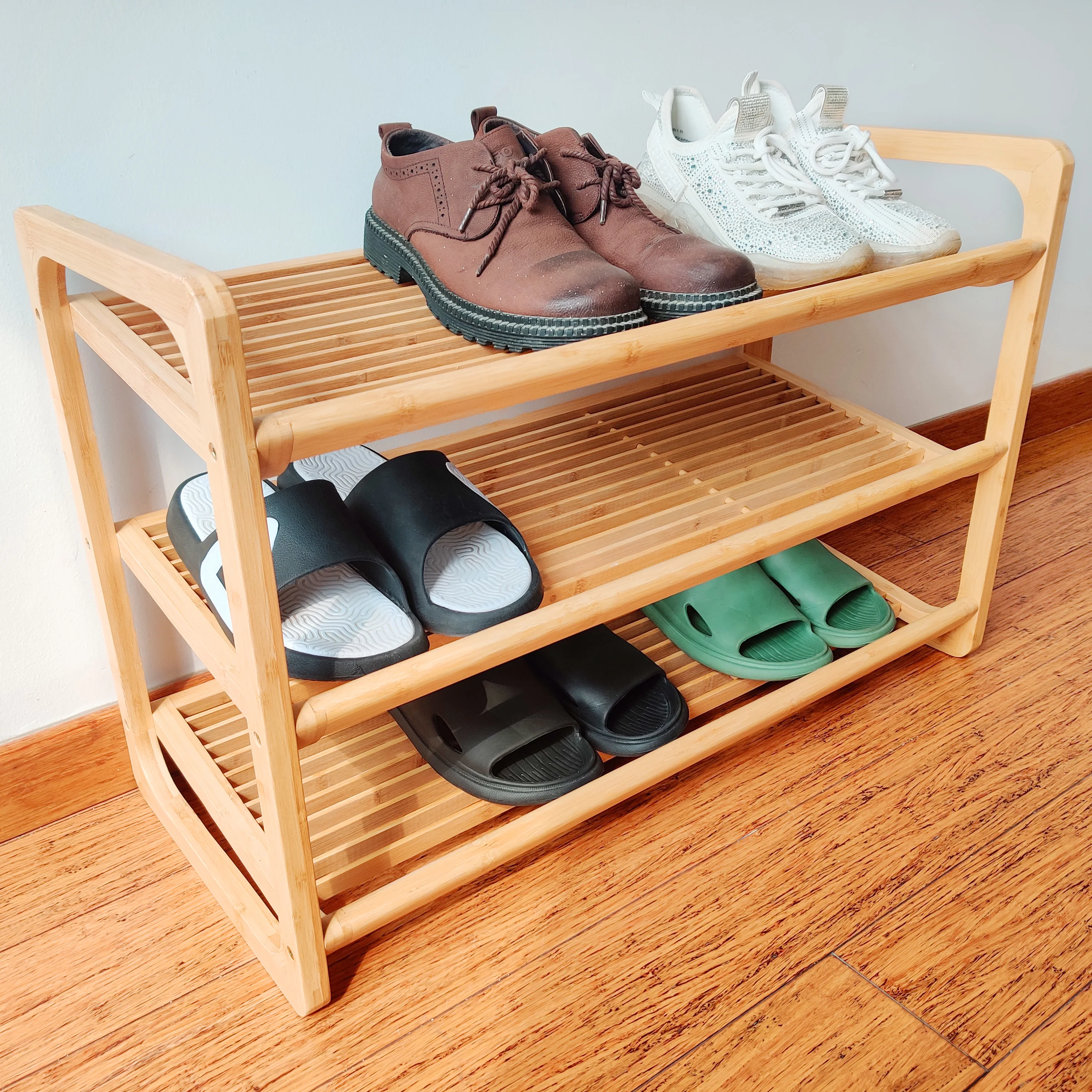 YCZM Hot Sale Living Room Furniture 3 Tier Handle Design Portable Bamboo Shoe Rack Bench