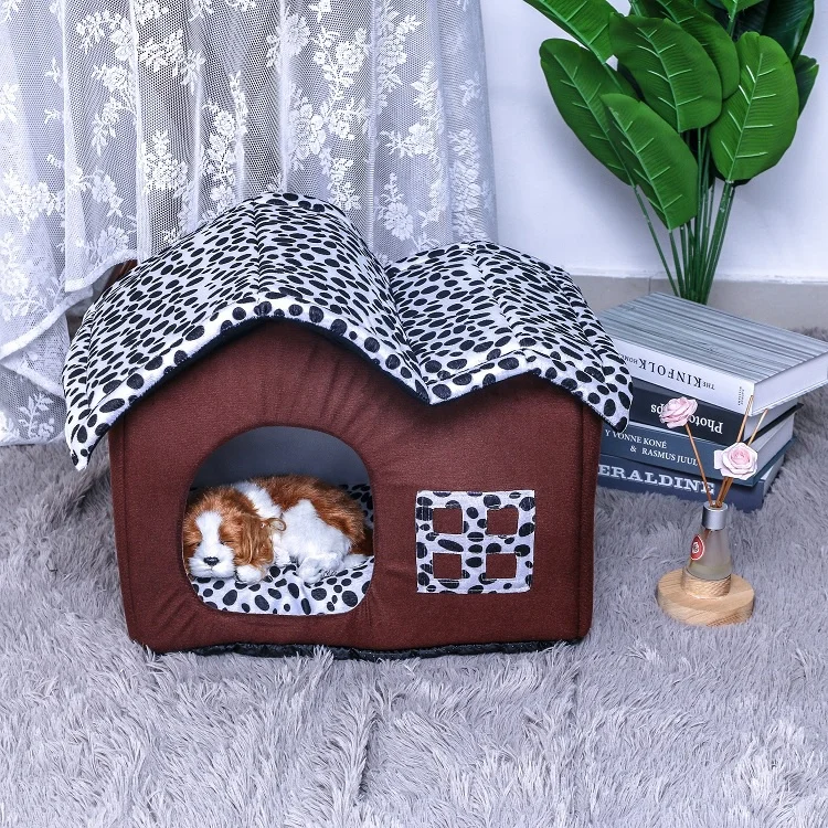 
Leopard print washable modern house-shaped pet bed detachable animal cat and dog bed for sale Double roof spotted house 