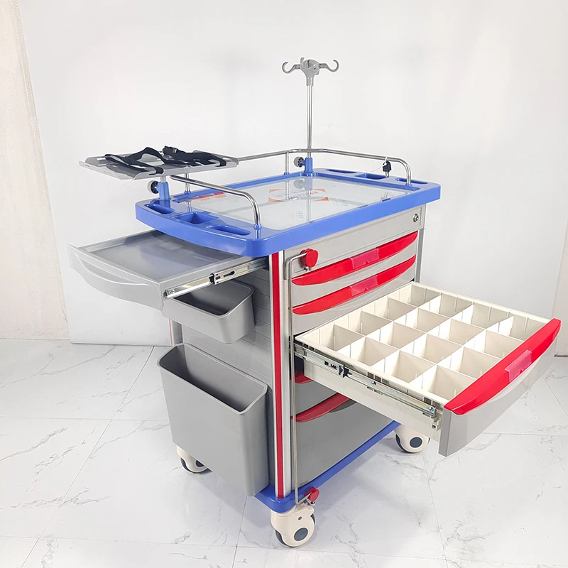 Factory Price ABS Plastic Hospital Nursing Crash Cart Emergency Medicine Trolley with 5 Drawers and CPR Board