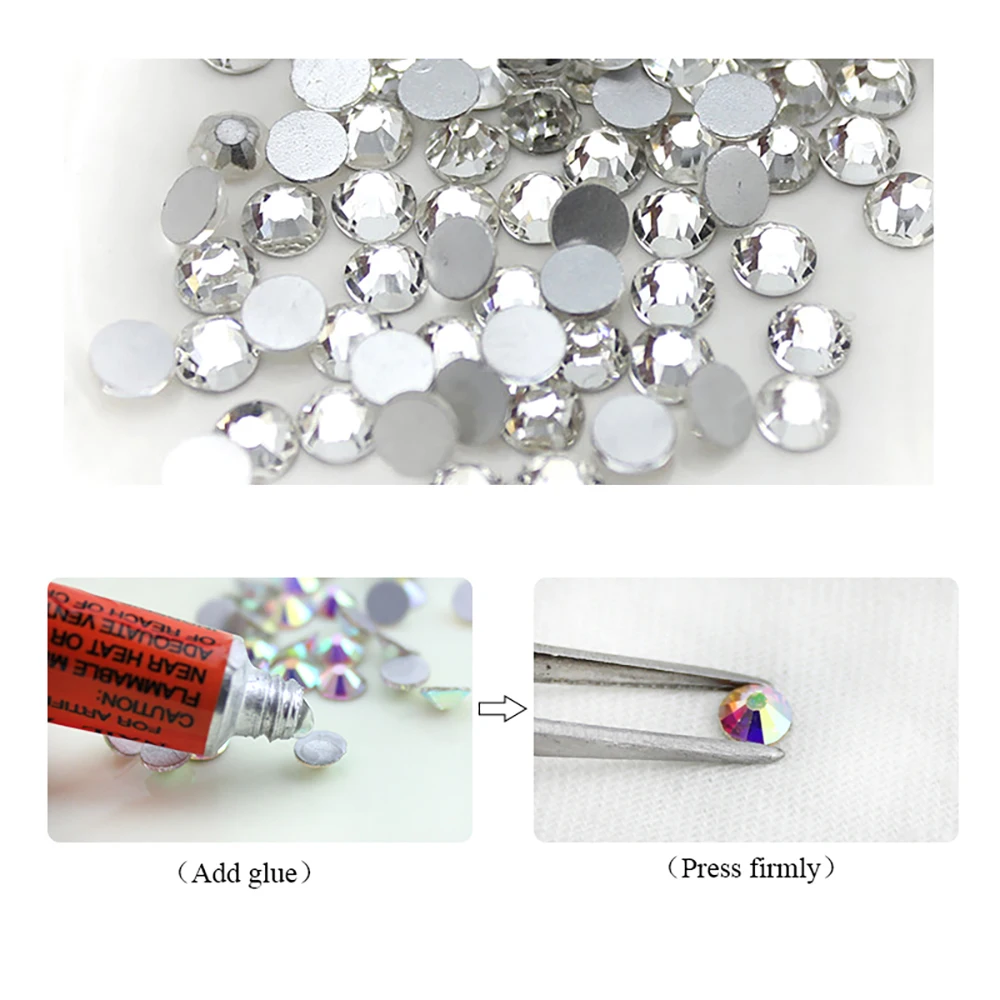QIAO Bling Plated White Crystal Flat Back 3D Non Hotfix Sticker Glue DIY Decoration Round Rhinestones