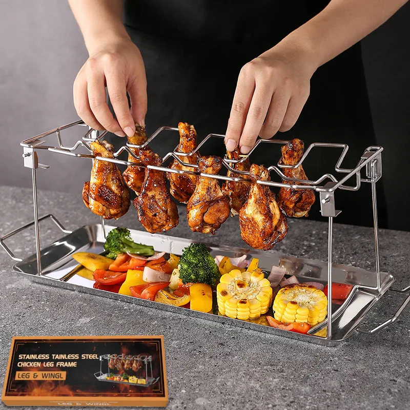 14 Slots Foldable BBQ Chicken Drumsticks Rack Stainless Steel Roaster Stand with Drip Pan Chicken Leg Barbecue Grill Rack