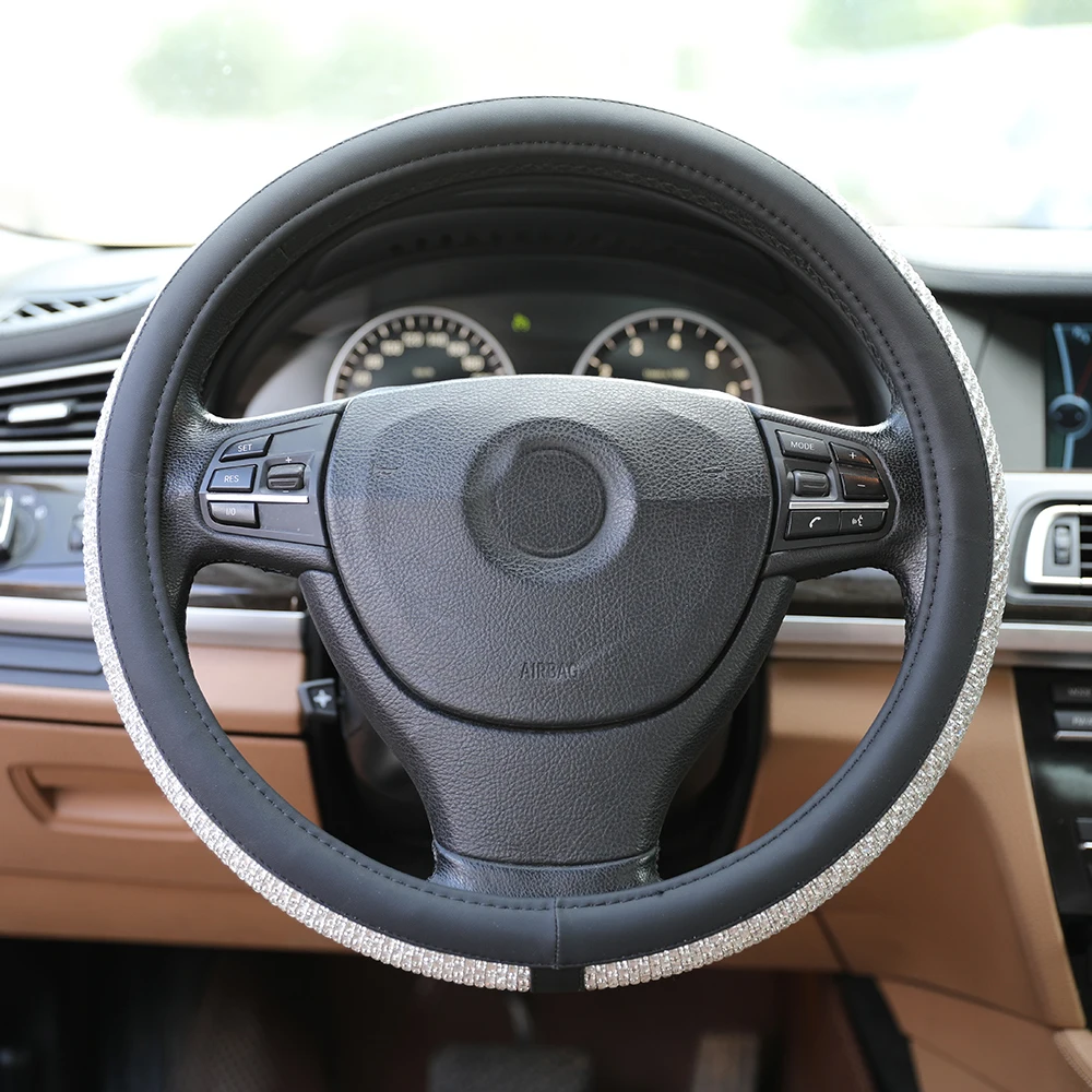 PU Leather Luxury Car Crystal Steering Wheel Cover