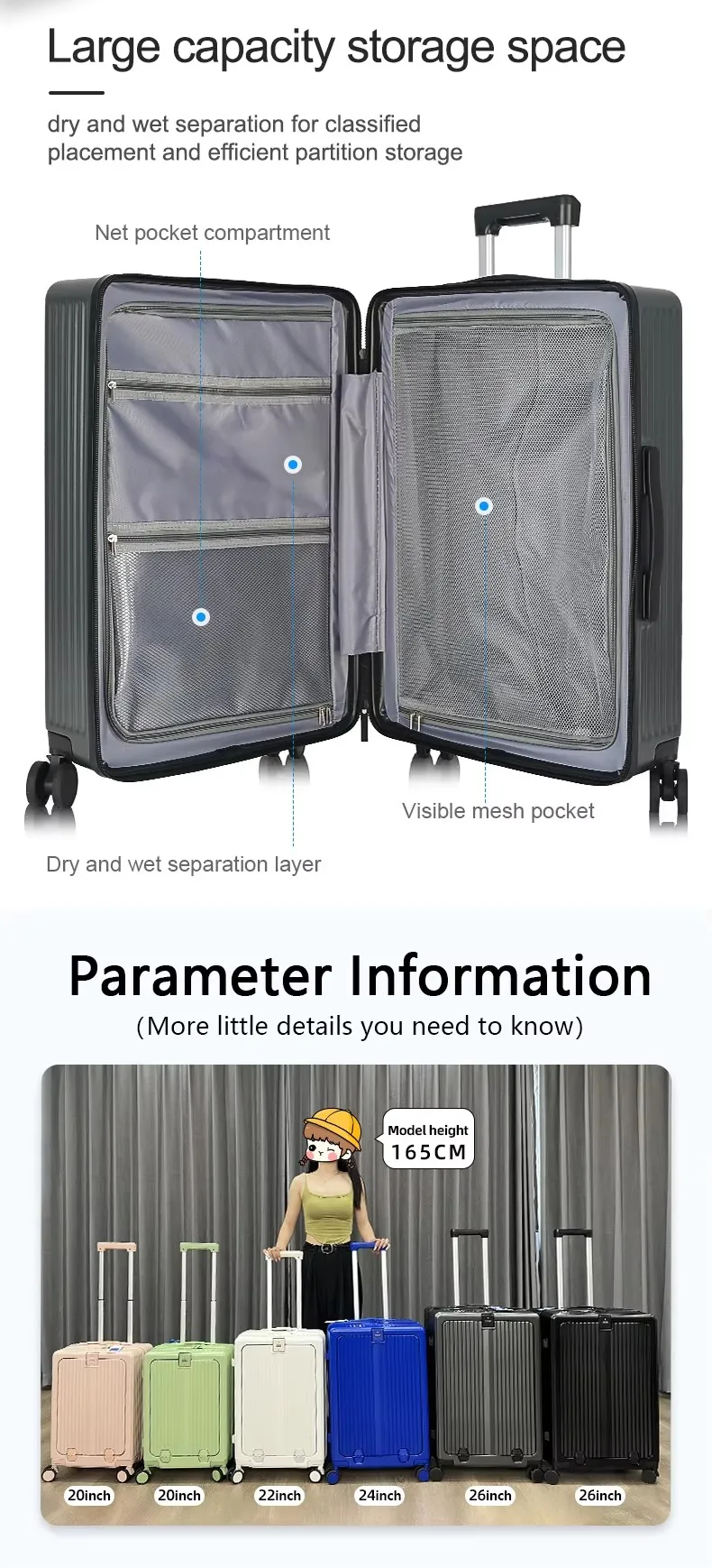 New style creative design  Front placket multifunction USB charging port business trip trolley suitcase fashion boarding luggage