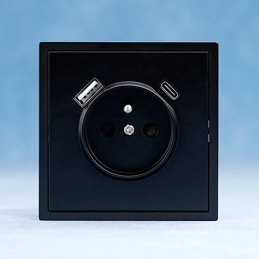 EU Standard Square Black Color Wall French Socket USB-C Electrical Wall Switch Socket with USB Charging Ports Type A+C