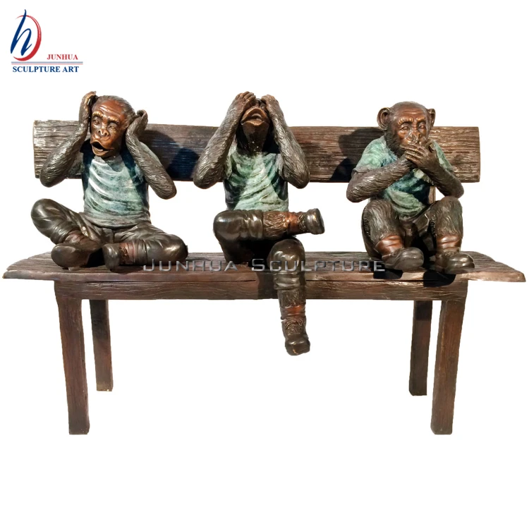 Three wise Bronze Monkeys Statue on Bench no speak no word no listen sculpture  bronze monkeys on bench sculpture