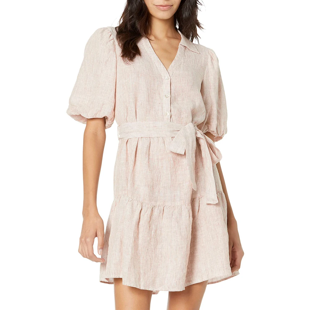 Custom Women Clothing Plain Elegant Casual Breathable Boho Lady Short Pure Cotton Linen Shirt Dress