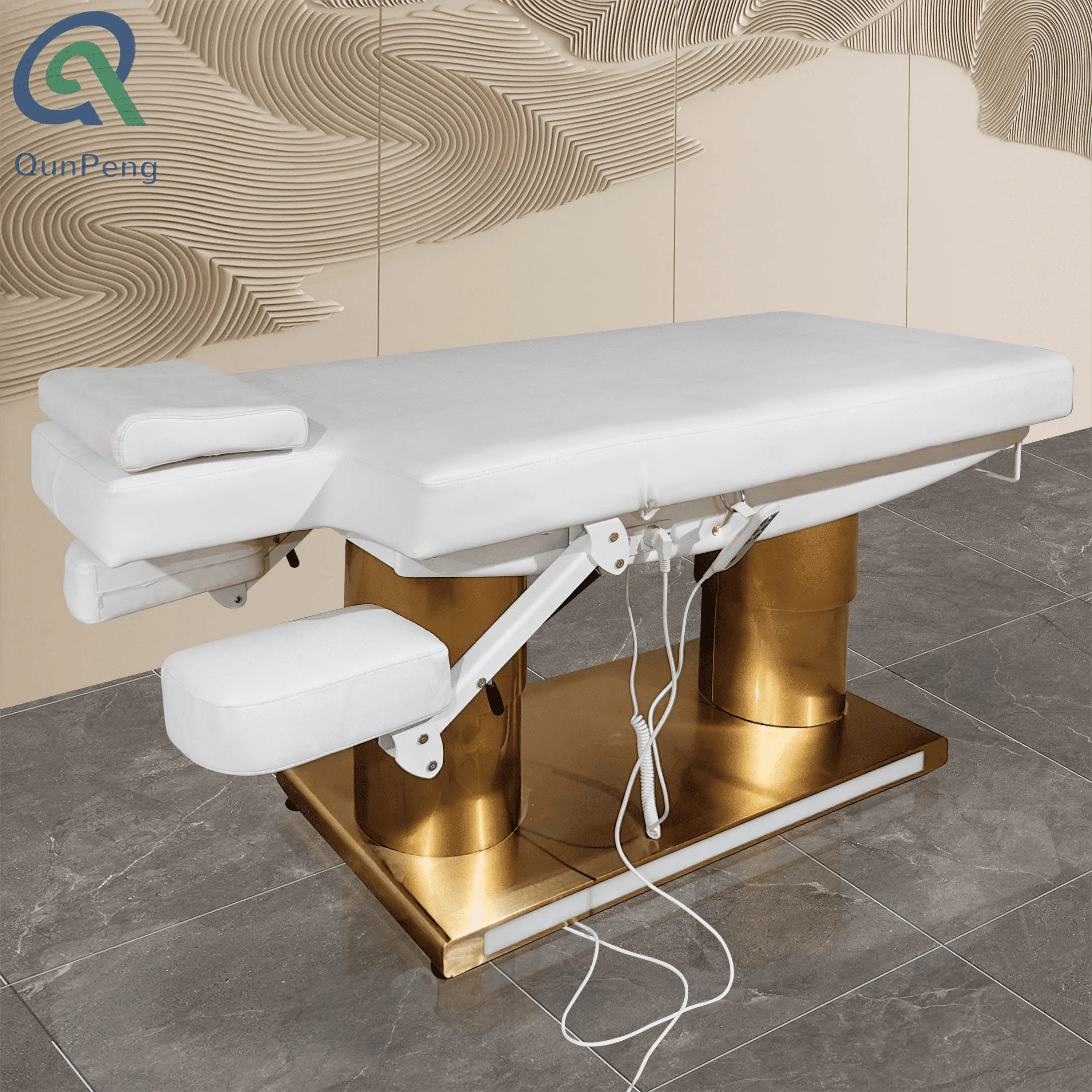 Qunpeng 2023 New  Hot Sale gold base spa bed cosmetic curved electric massage table with Led light medical lash extension bed