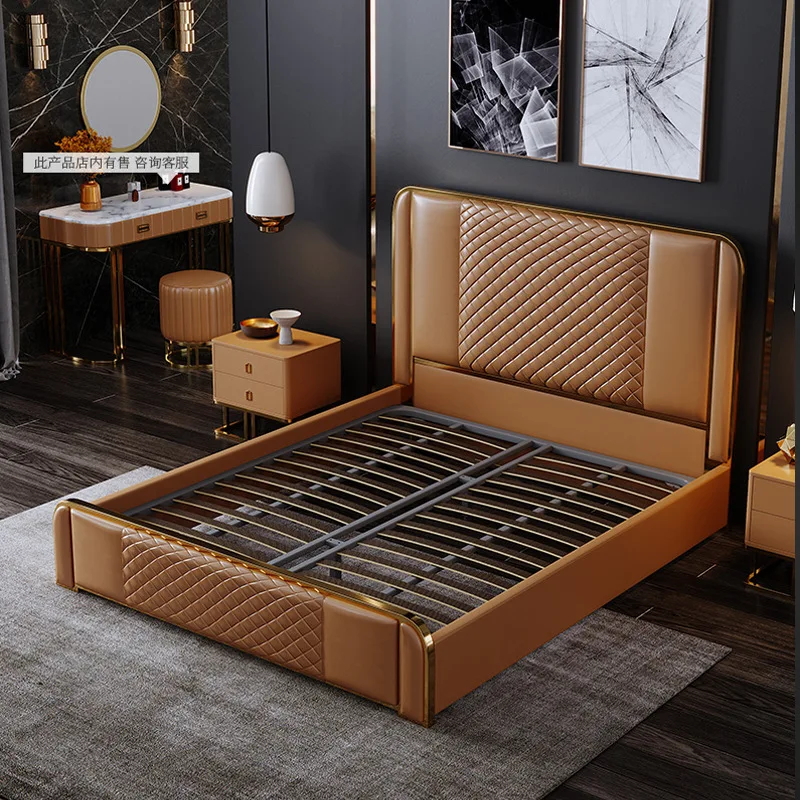 Luxury Modern High quality leather bed set with Metal frame for bedroom furniture