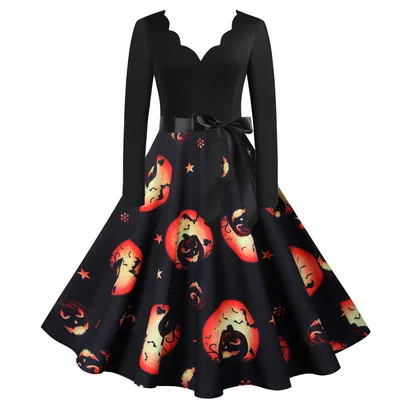 Plus Size V Neck Long Sleeve Fall Dresses Halloween Skater Elegant Vintage Pumpkin Skull Flower Print Rock Evening Party Dress