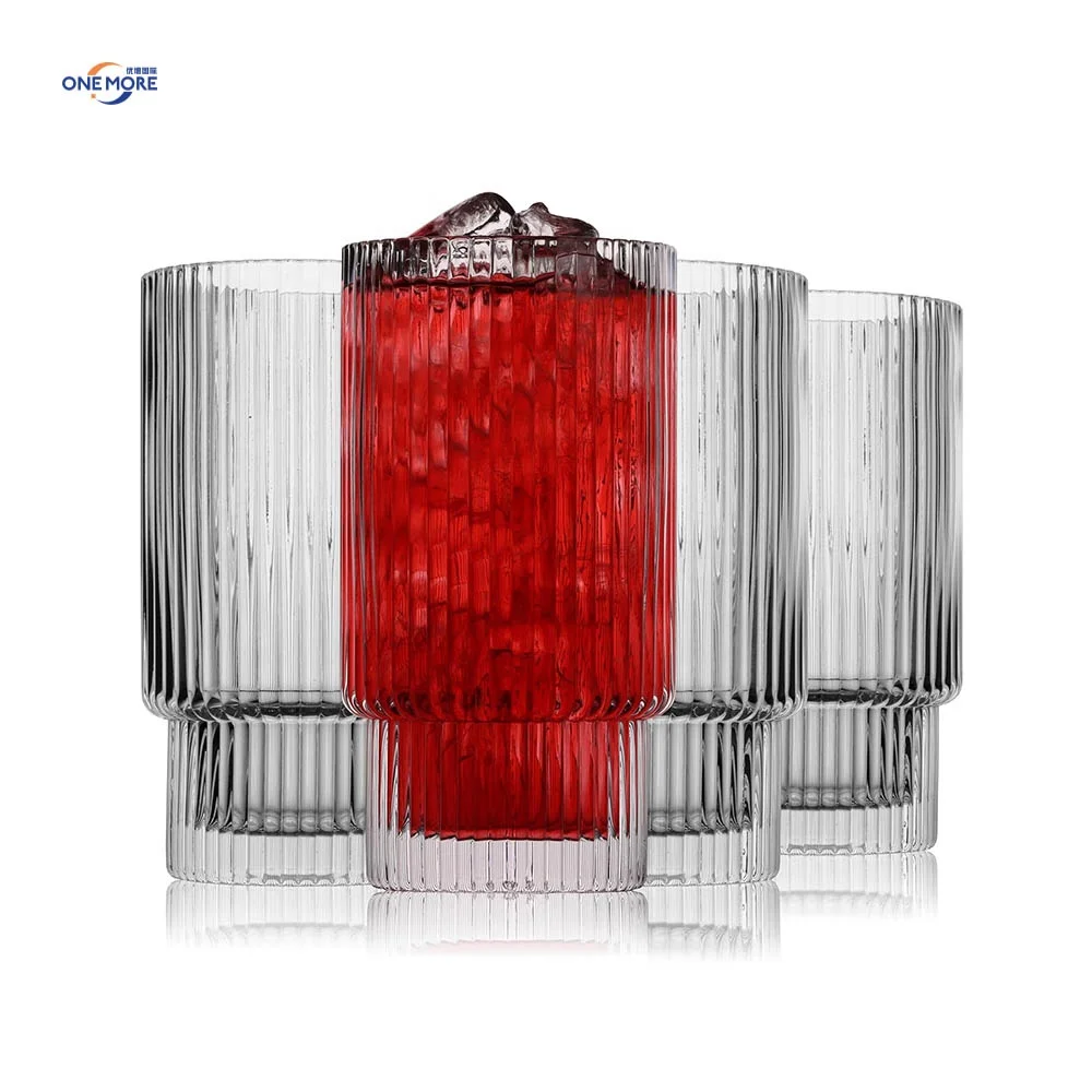 Glass Drink Cup Vintage Glasses 16OZ Ribbed Glassware for Water Iced Coffee Smoothie Juice