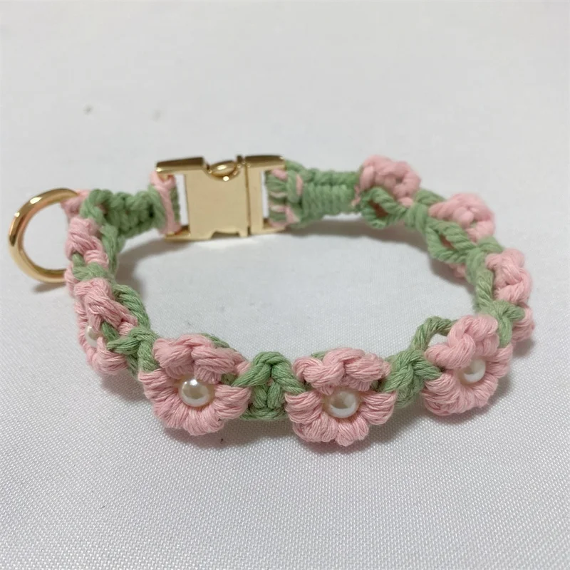 With metal round label macrame flower cat collar cotton rope pearl beaded wedding collar with heavy duty metal clasp
