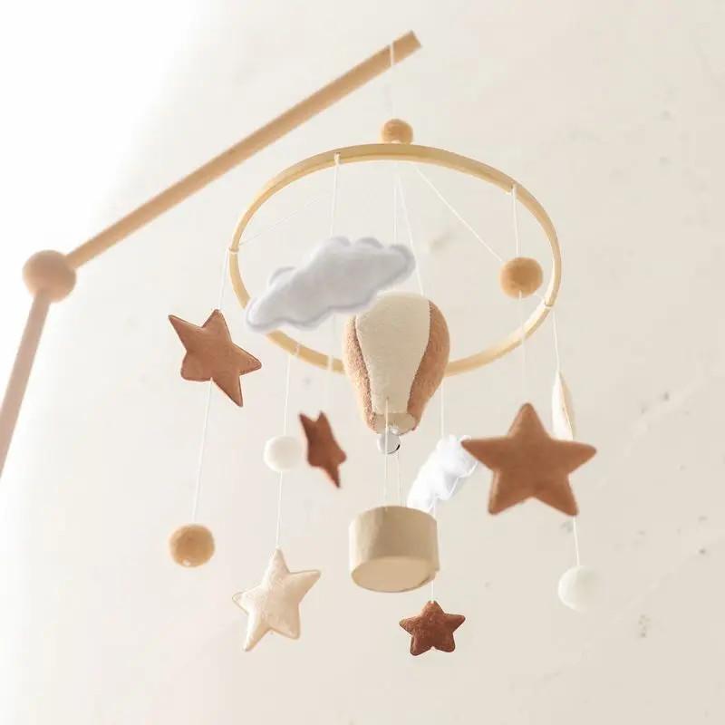 Brown Hot Air Balloon Hanging Toy Soft Toy Wooden Frame Handmade Felt Baby Mobile