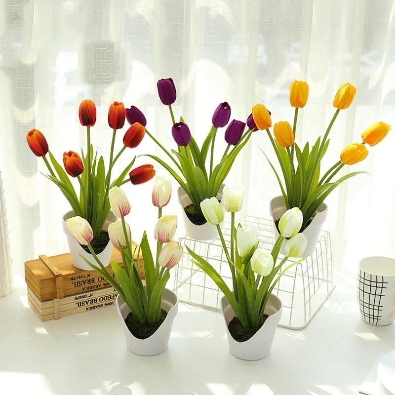 SEASON Wholesale 6 Heads Tulip Flower Artificial Bonsai for Home Table Decoration Silk Tulip in Potted Artificial Plant Decor