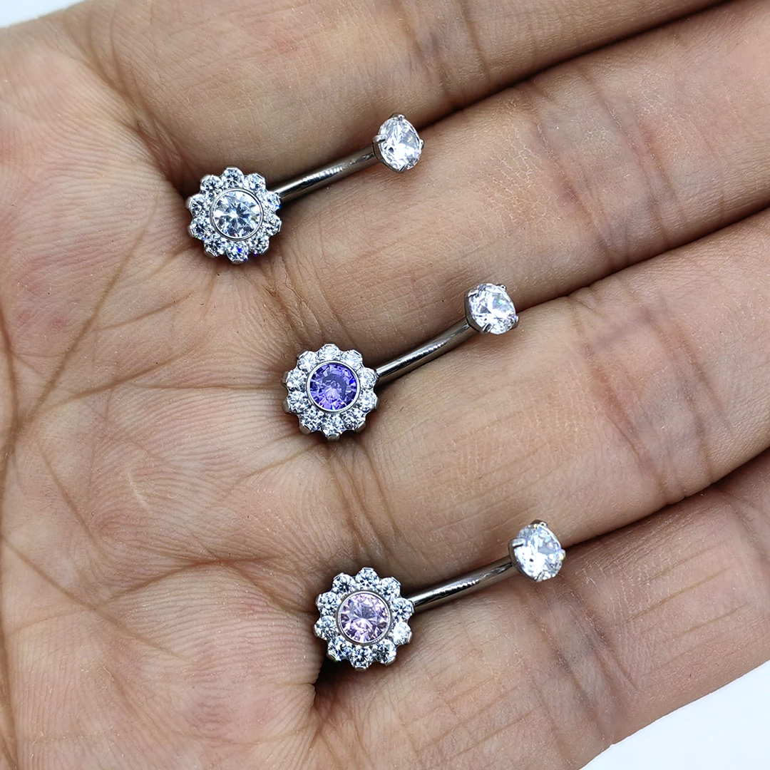 Calendo Wholesale New Fashion Jewelry ASTM F136 Titanium Flower Belly Ring White CZ Internally Threaded G23 Titanium Body
