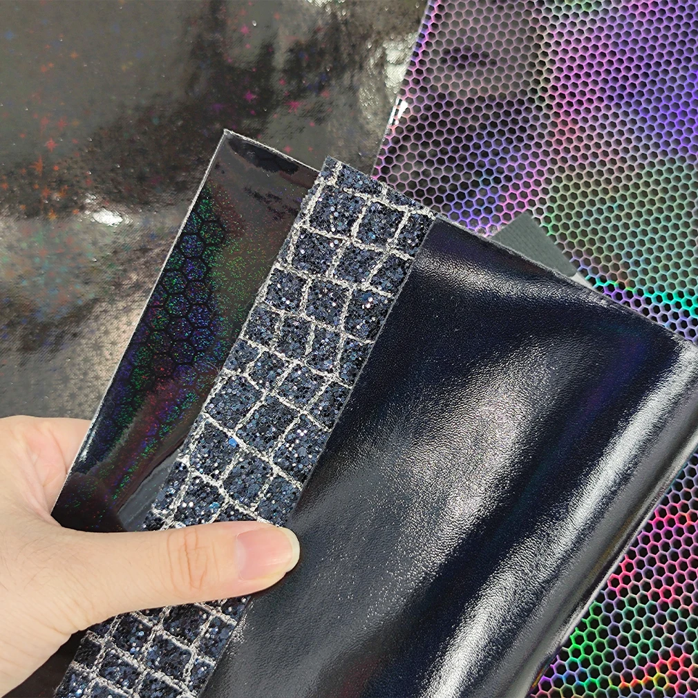 A4/Set Black Faux Leather Sheets Holographic Crocodile Dots Textured Synthetic PU Leather for Leather Bows Earrings Making