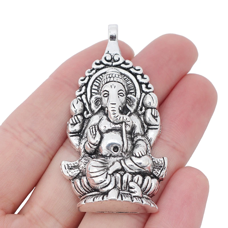 
Antique Silver Large Ganesha Elephant God Of Beginnings Charms Pendants for Necklace Jewelry Making 62x32mm 