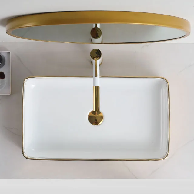 Emboss White Gold Basin Table Top Wash Basin Sink Bathroom Vessel Sink Gold Rim Lavabo Modernos Dorado