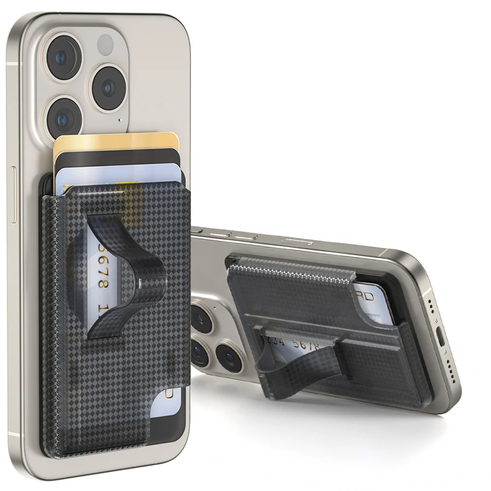 Carbon Fiber Magnetic Wallet with Loop Compatible with M-Safe Wallet for iPhone Wallet with Grip Finger Loop Credit Card Holder
