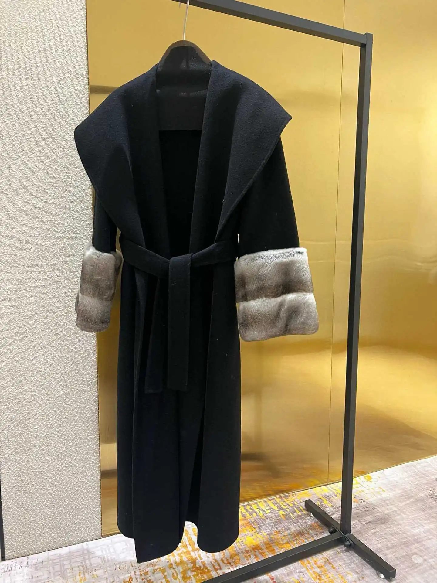 New high-grade luxury coat wool fox fur coat waist-tight double sided cotton woolen coat