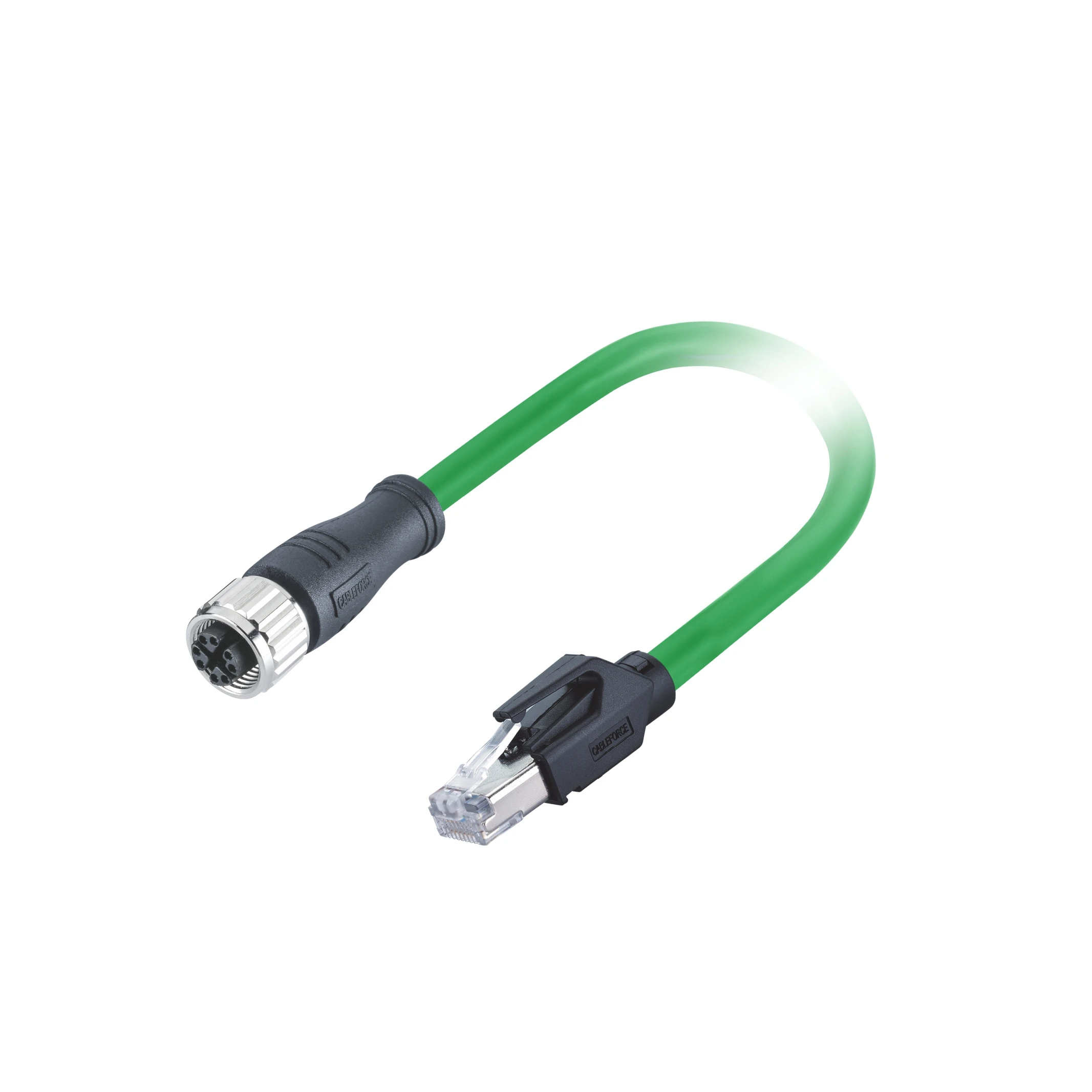 M12 X Code connector right angled male to RJ45 plug shielded double ended molded Cat 6A 4x2x26AWG 0.5m PVC ethernet cable