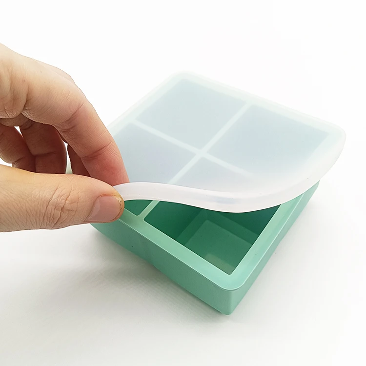 Custom logo big square shape king ice cube tray 4 cavity silicone ice cube tray with lid cover