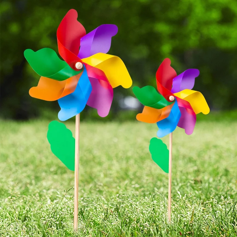 Hot selling wooden windmill rainbow pinwheel other outdoor toys garden children party decoration Wooden windmill for kids