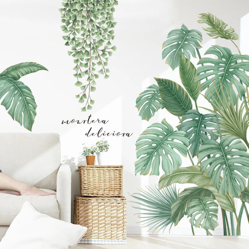 Green leaves wall decals plant fresh style wall sticker for living room bedroom safa background home decoration wall decal