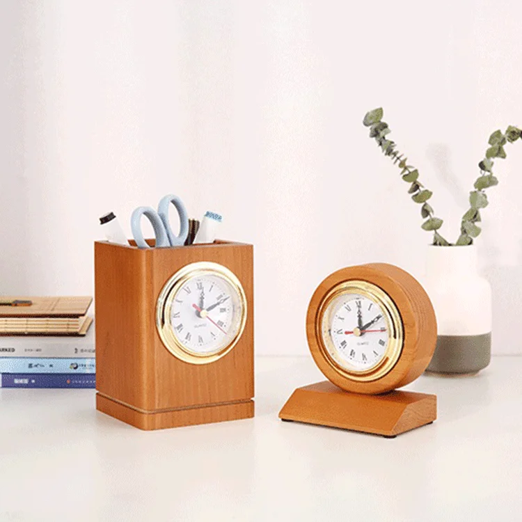 office pen display stand wooden desk organizer pen holder with clock