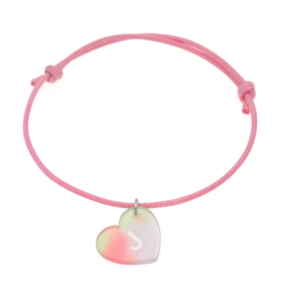
Personalized custom alphabet letterr bangle wholesale initial acrylic heart pendant wax cotton cord pink red string bracelet 