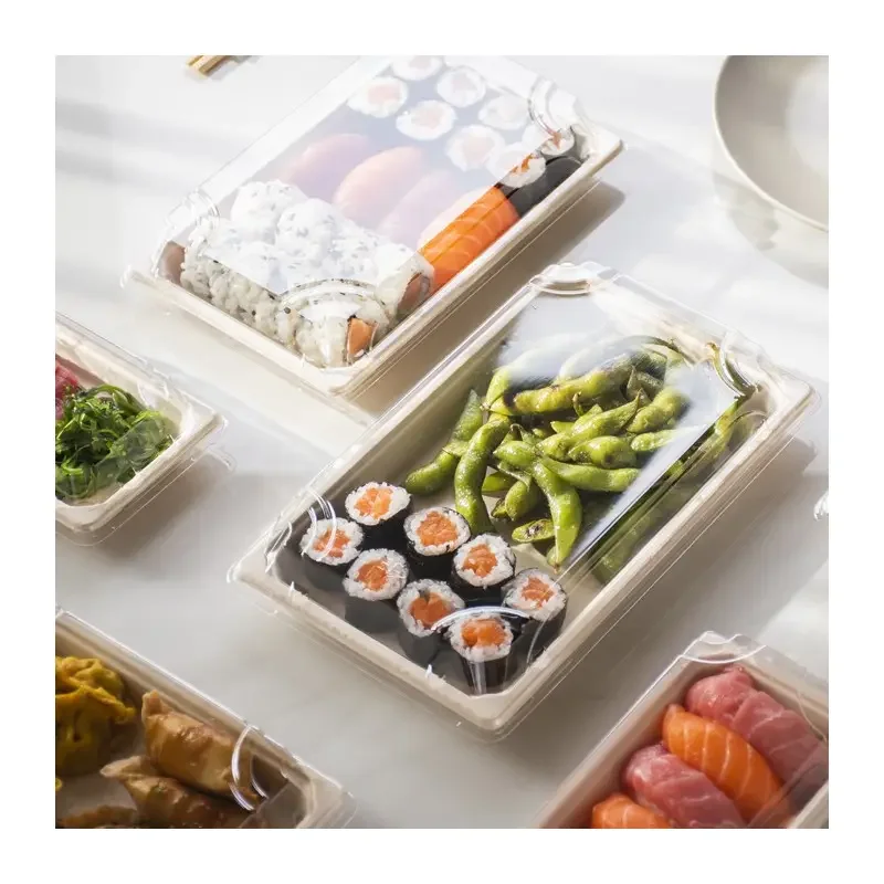 Disposable Rectangle Food Container with Lid Bagasse Tray Take Away Sushi Box Bagasse Packaging