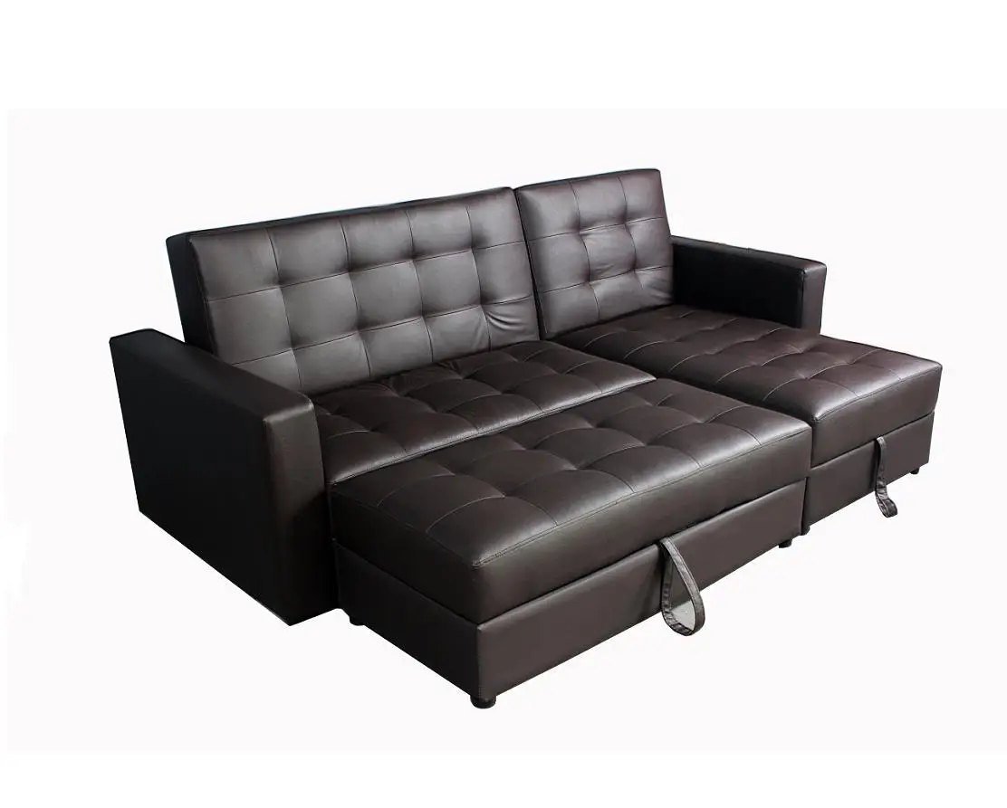 Европейский L-образный кожаный угловой диван-кровать с оттоманкой для хранения домашней мебели спальни деревянным каркасом