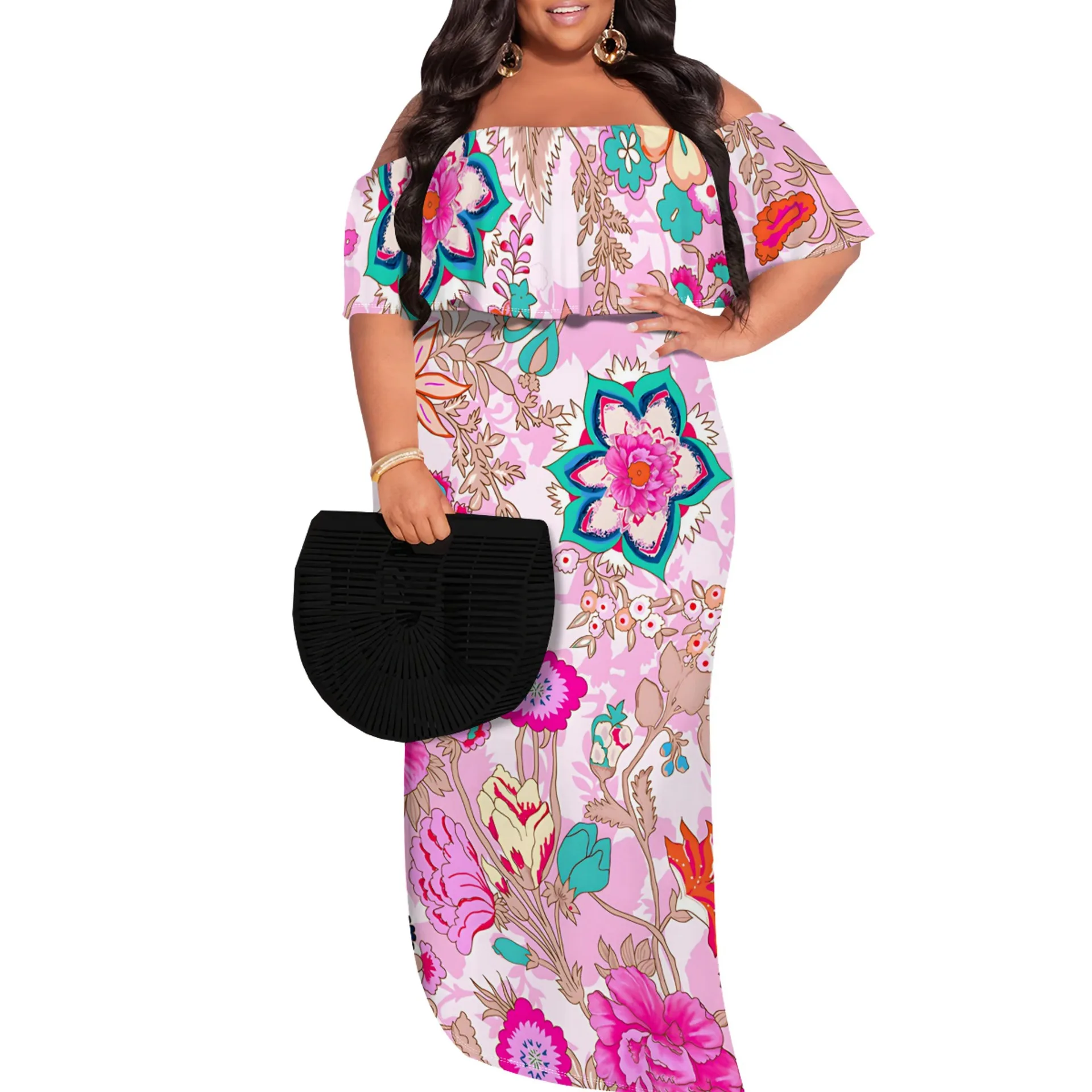 women fall clothes 2024 xxxxl plus size women sexy dress 2024 Off-shoulder graphic print maxi dress