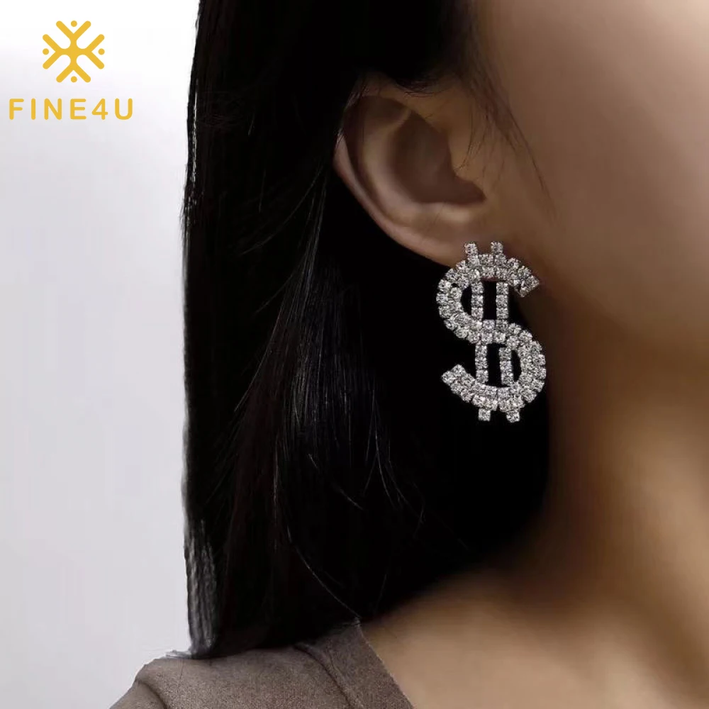 Hip Hop Women Fashion Jewelry Shiny Diamond Dollar Sign Large Rhinestone Stud Earrings