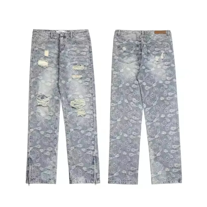 Heavyweight vintage  jacquard loose leg jeans stack jeans distressed street wear baggy denim casual  patch trousers high waist