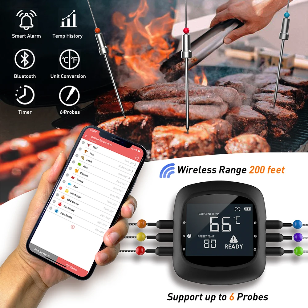 Bluetooth Dual Temperature Sensor 165Ft Long Range Smart Wireless Digital Meat Food Thermometer For Grill And Cooking Pro05