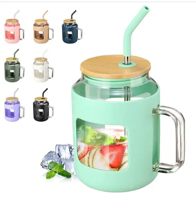 50oz  Glass Tumbler Bamboo Lid Spill Proof Straw Iced Coffee Reusable Glass Water Bottles with Handle Silicone Sleeve