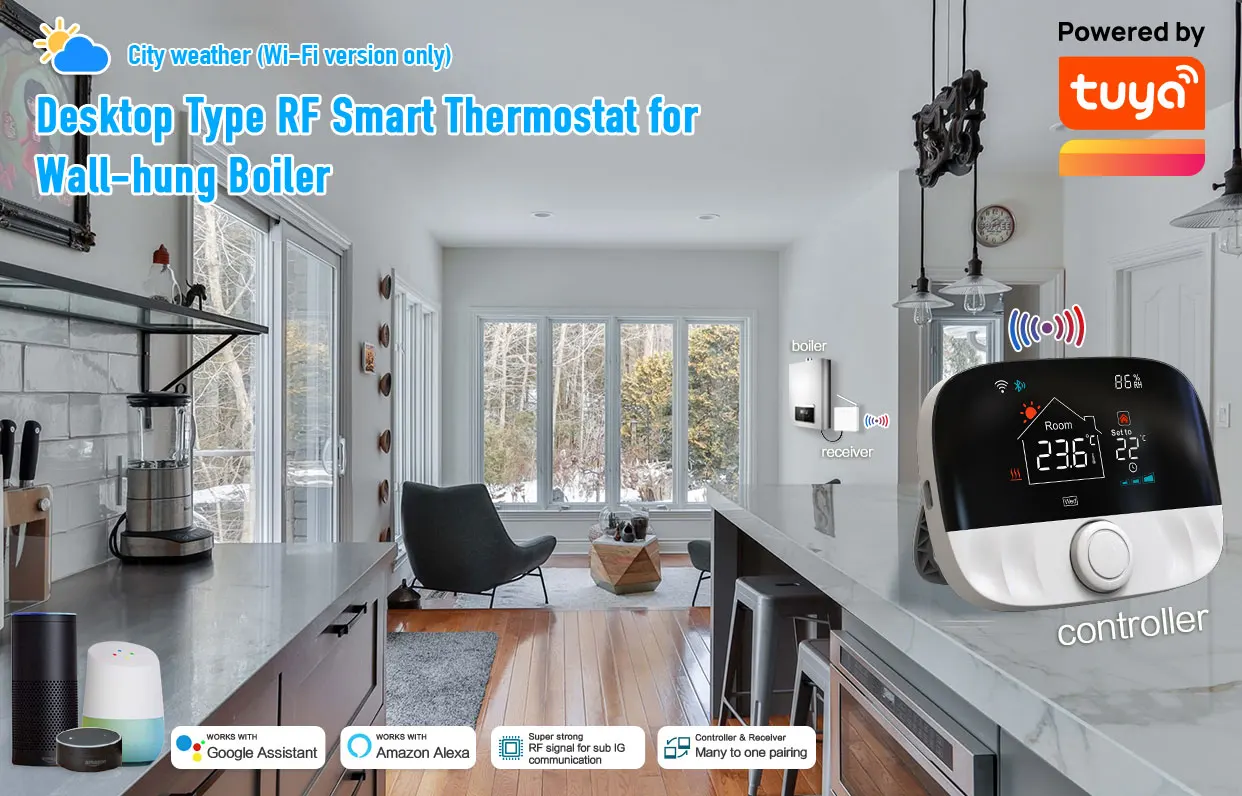 Smart Wall-Hung Gas Boiler Thermostat Modern ABS PC Desktop RF Wi-Fi Thermostat Temperature Control Weather Humidity Features