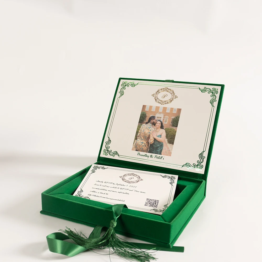 Wholesale Custom Cardboard Flip Open Book Shape Wedding Photo Album Box Velvet Shadow Photo Frame Packaging Box With Ribbon
