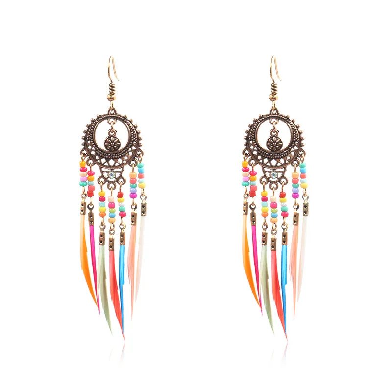 VRIUA Ethnic Bohemian Boho Long Feather Indian Earrings For Women Brincos Bijoux Charm Gypsy Hippie Tribe Vintage Ladies Earring