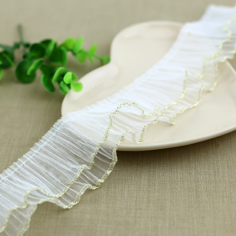 5.5 cm white color ruffled lace trim 2 layer pleated mesh lace trimming for ladies dress  clothing