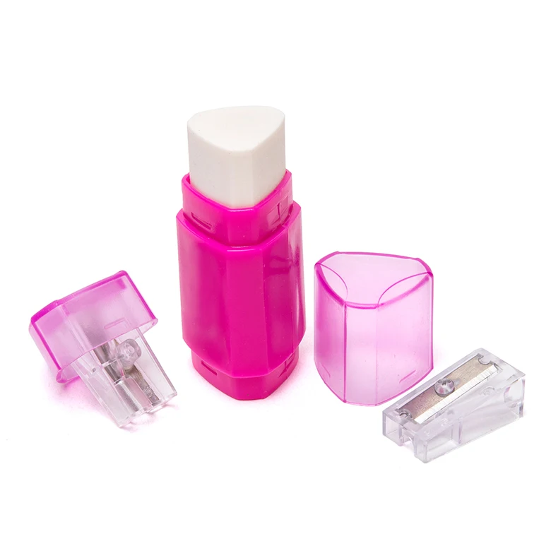 patent kid baby safe custom logo pink blue red  lipstick Mn ps plastic eraser attached pencil sharpener and eraser