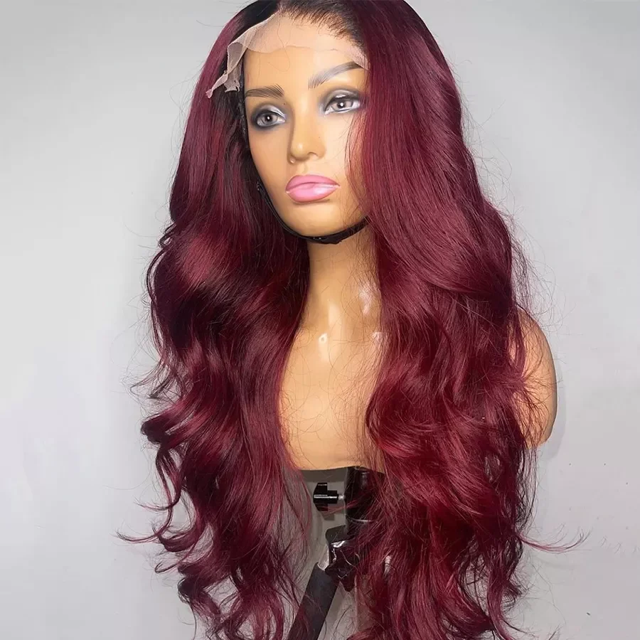 Natural Hairline Ombre Brazilian Cuticle Aligned Virgin Hair Vendors Body 99j burgundy Red Color Lace Front Wig Human Hair
