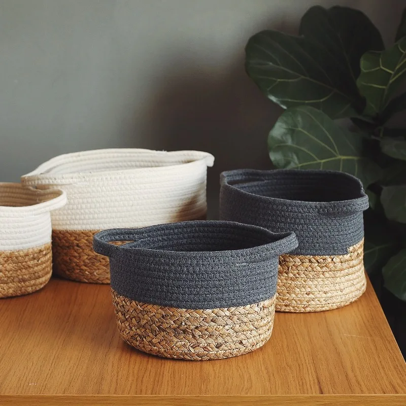 Decorative Hand-woven Cotton Rope with Water Hyacinth Basket Wicker Storage Basket Natural Household Hand Woven Basket Round